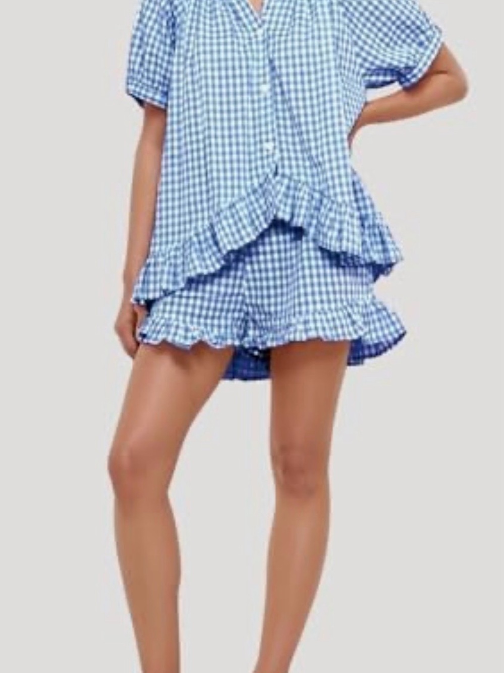Women’s Gingham Blue Cotton Ruffle Pajama Set Size Large - Picture 2 of 7